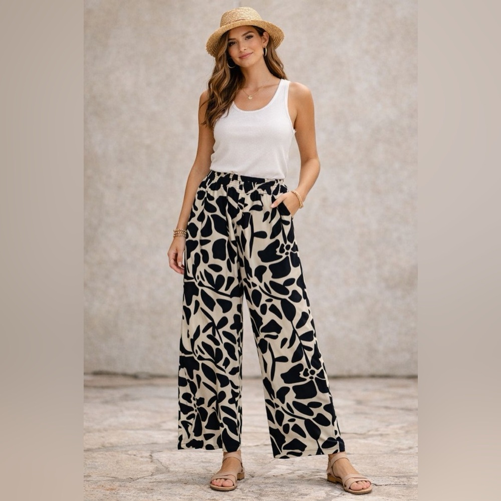 Serra Linen Pants M Wide Leg Black Beige Abstract Print Summer Resort Wear